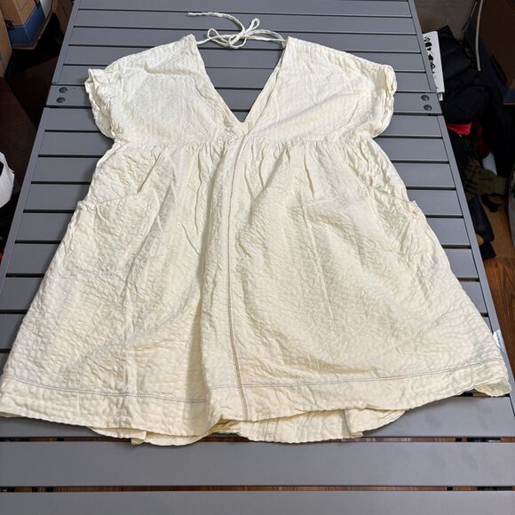 Urban Outfitters Serendipity Linen Babydoll Dress Womens S Cream Smocked V Neck - Picture 2 of 10